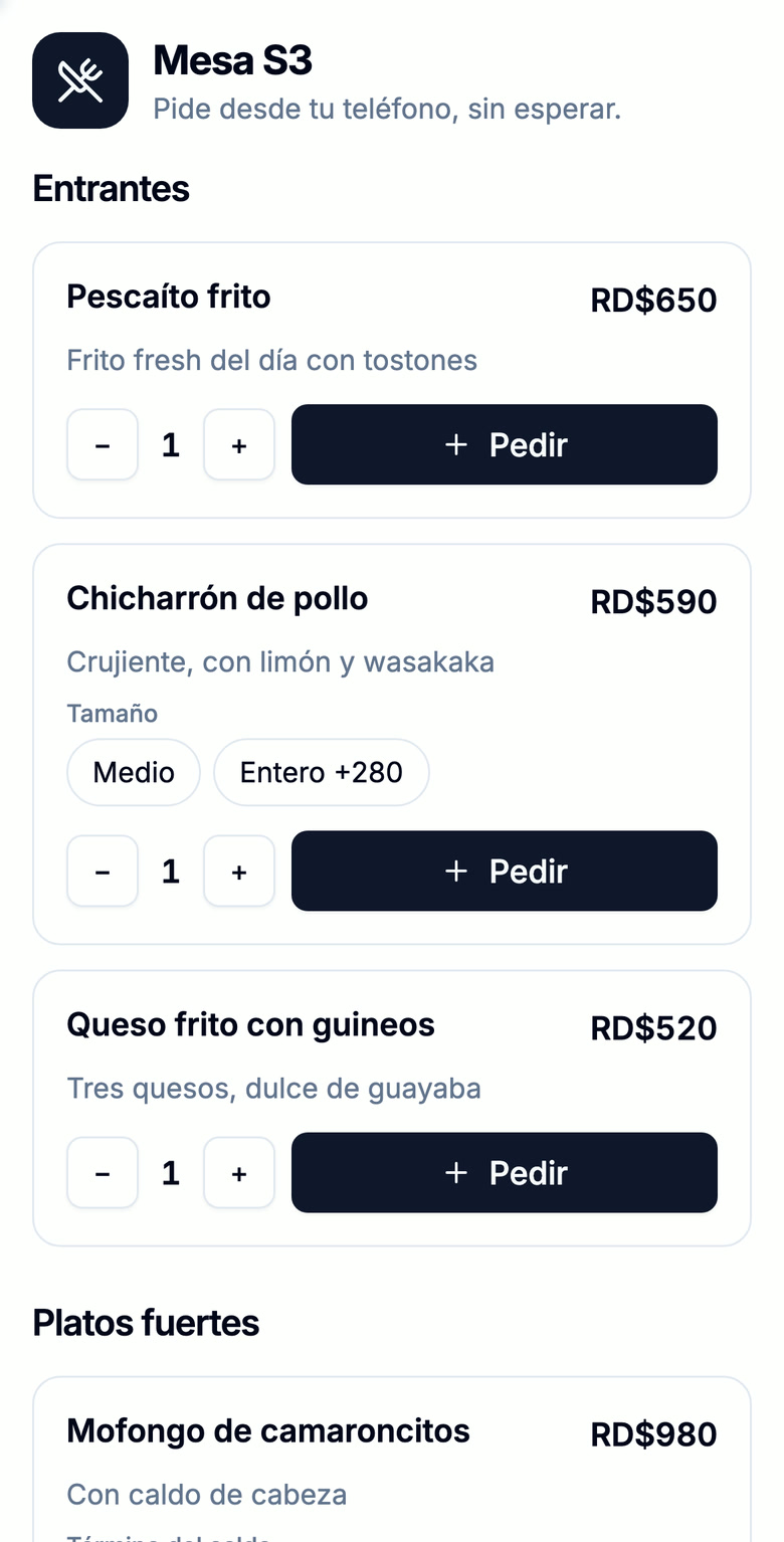 Carta de la mesa S3 abierta en el teléfono del cliente